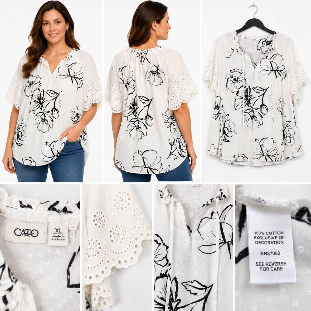 Cato Womens White Floral Eyelet Blouse XL